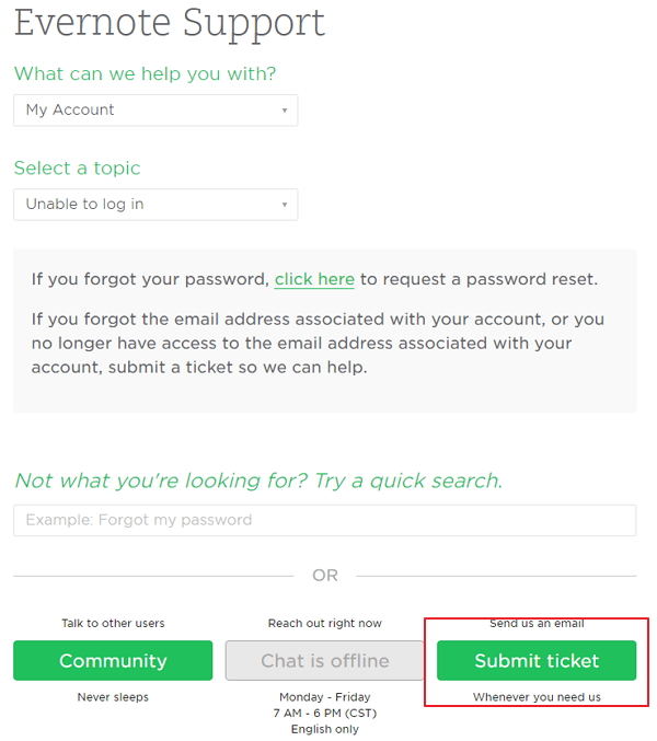  reset lost evernote password