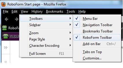 roboform upper toolbar does not show up