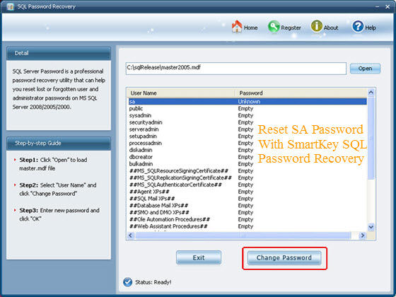 Reset SA password With SmartKey SQL Password Recovery