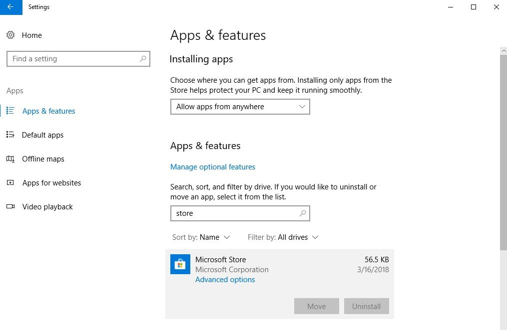 apps and features search store