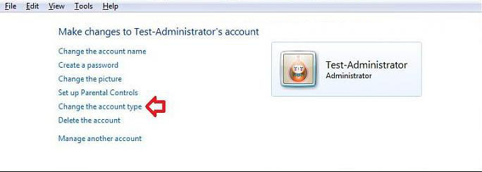 change a user account type in windows 7