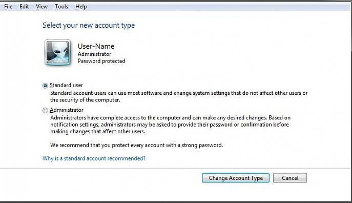 how to change windows 7 user account type