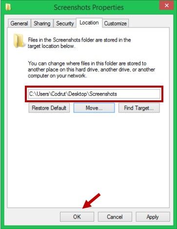 how to change default screenshot folder location in windows 8