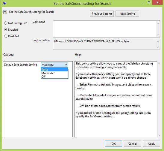 how to filter web search results in windows 8.1 using safesearch setting