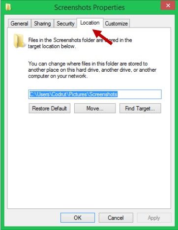 move the default screenshot folder in windows 8.1