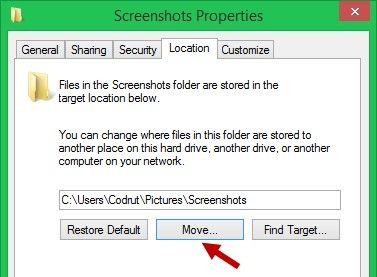 how to change default screenshot folder location in windows 8