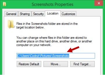 move the default screenshot folder in windows 8.1