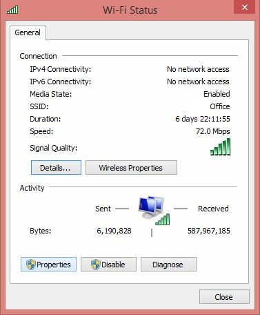 windows 8.1 showing no internet access