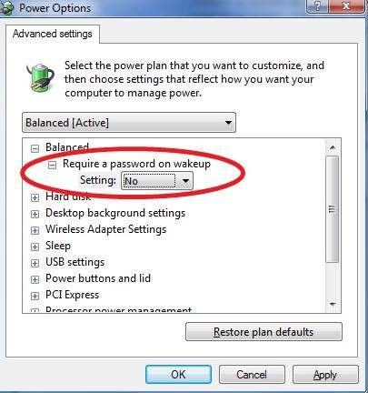 how to disable required password on wakeup in windows 7