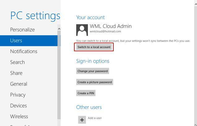 how to switch to local user account in windows 8