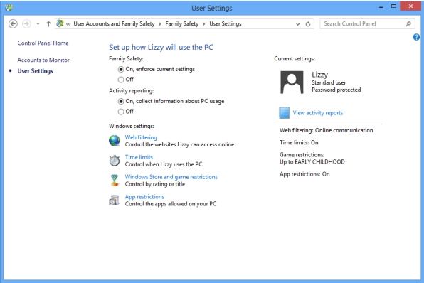 how to use parental control in Windows 8