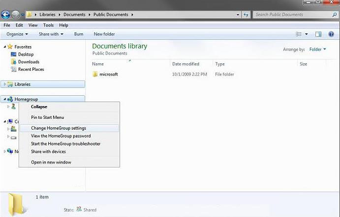 change windows 7 homegroup file and folder sharing settings