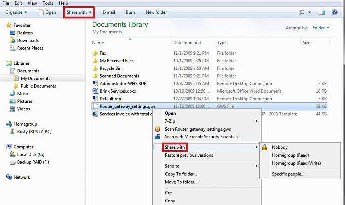 change windows 7 homegroup sharing file and folder settings