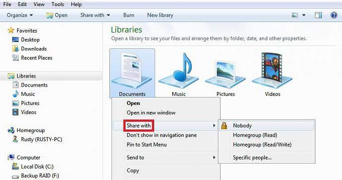 how to change homegroup file and folder sharing settings in windows 7