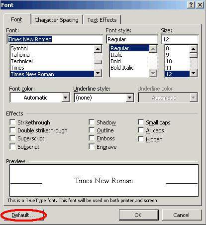 set the default font in word 2003