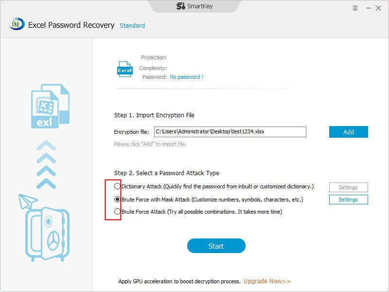 choose attack type to recover xlsx password