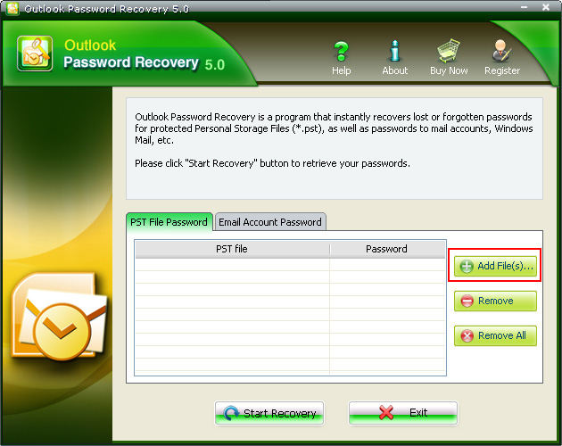 restore pst file password